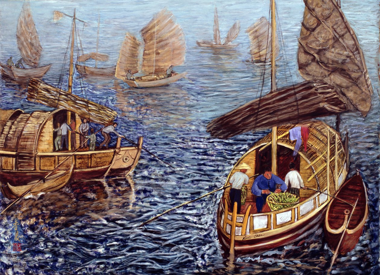 Junks，1992（丝绸上的水粉） 作者 陈美