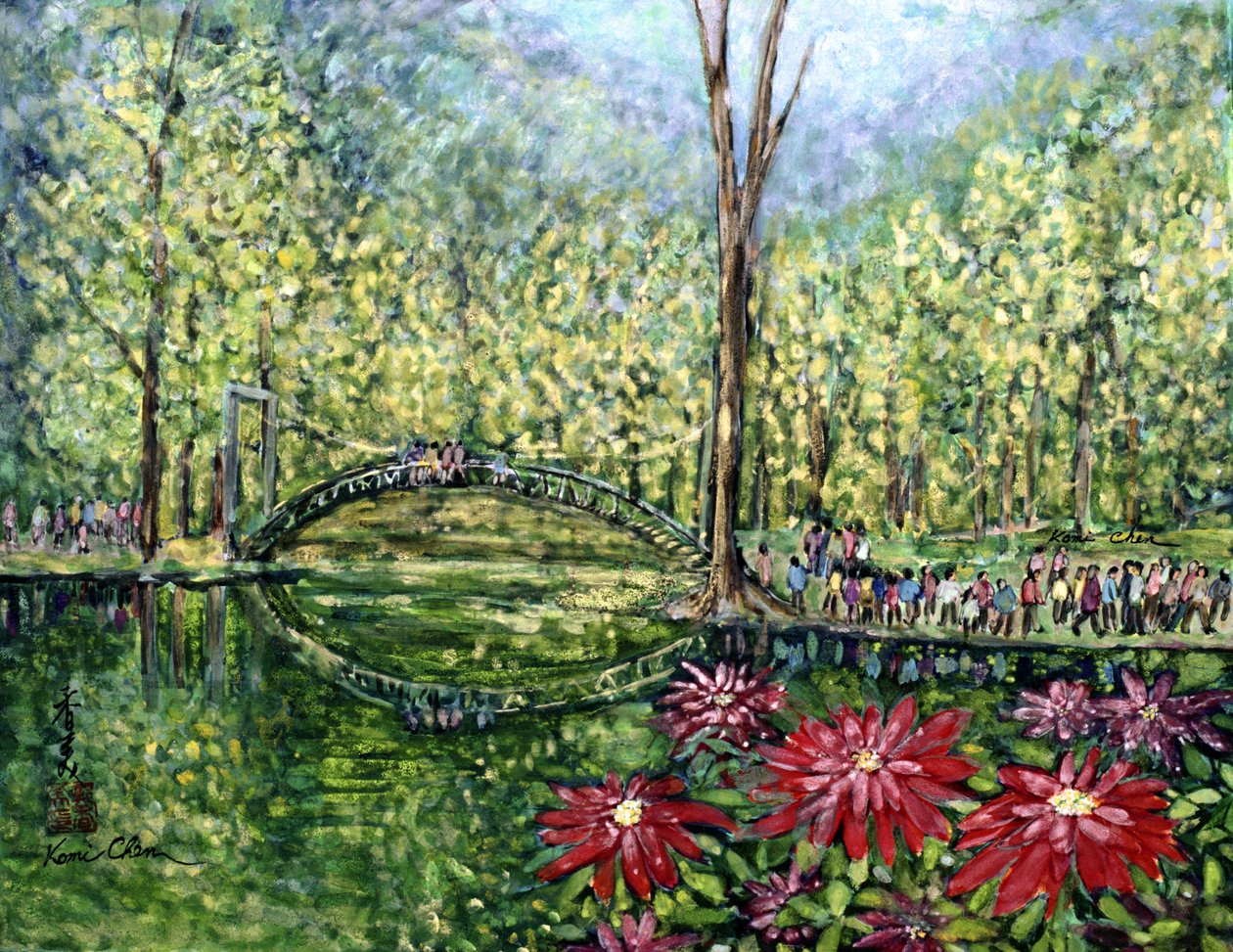 镜桥，1993年（丝绸上的水粉） 作者 陈美