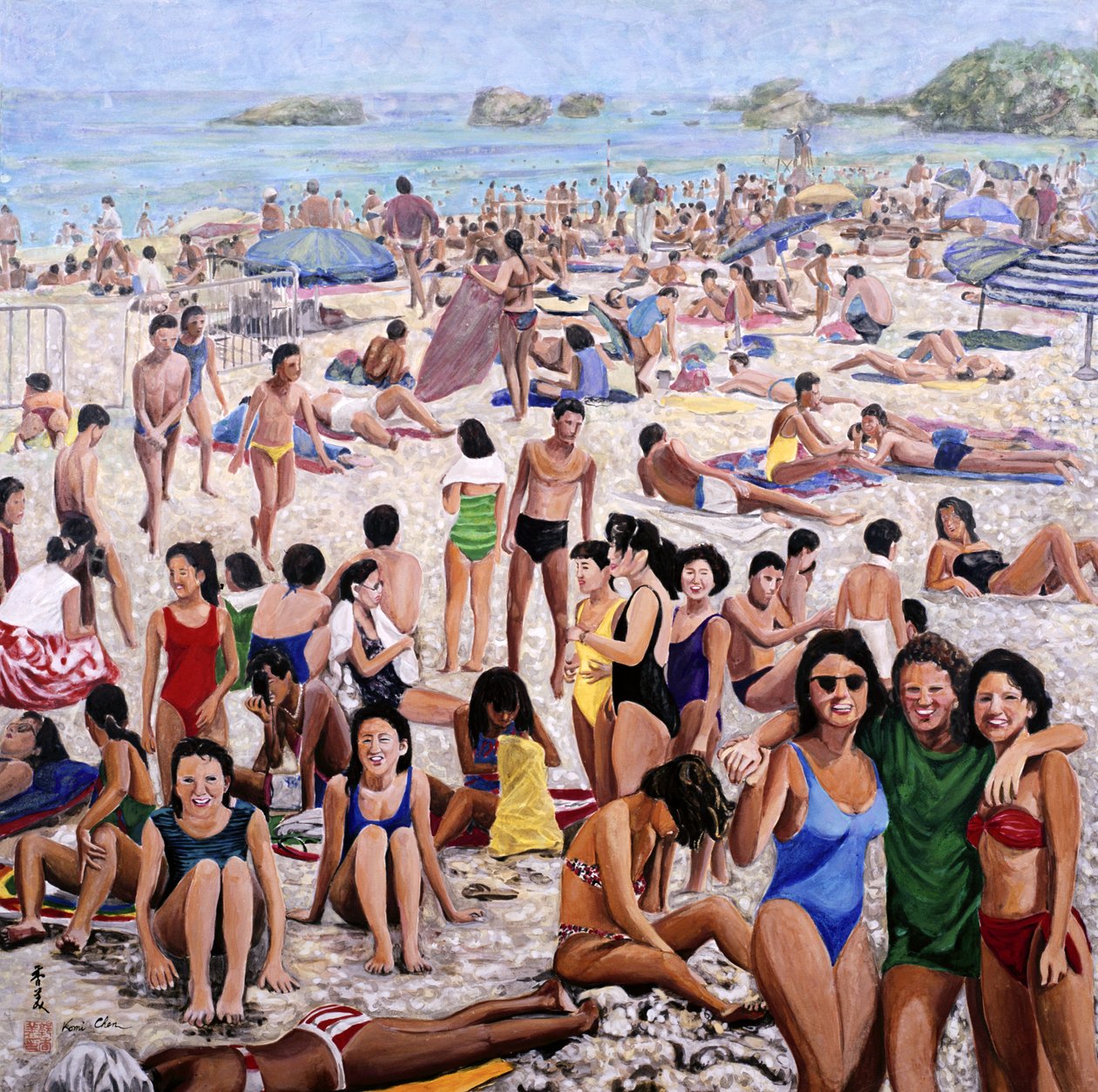 阳光沐浴，1987年（丝绸上的水粉） 作者 陈美
