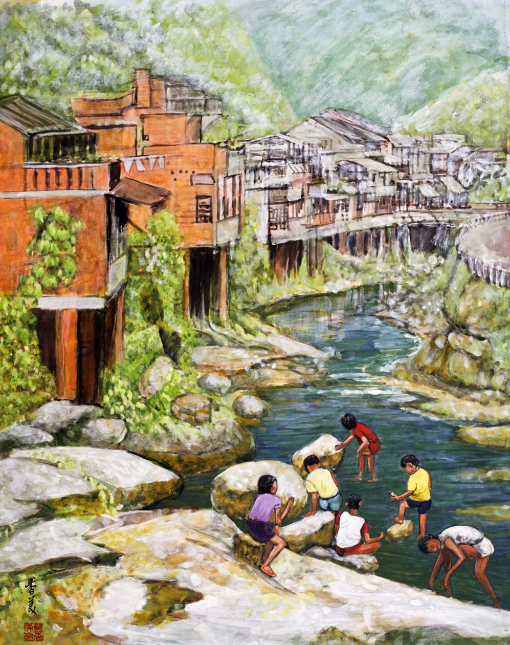 河边的村庄，1992年（丝绸上的水粉） 作者 陈美