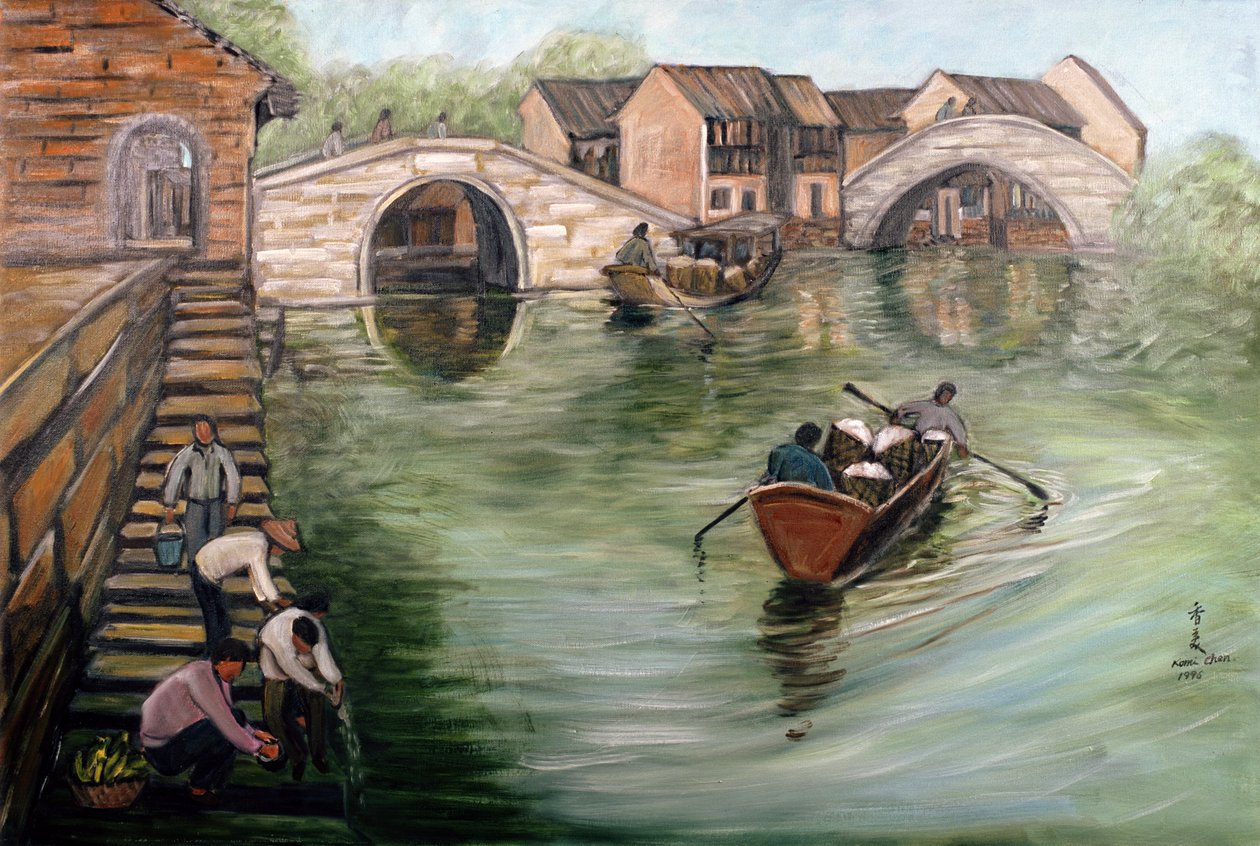 洗衣服，溪流，1995年 作者 陈美