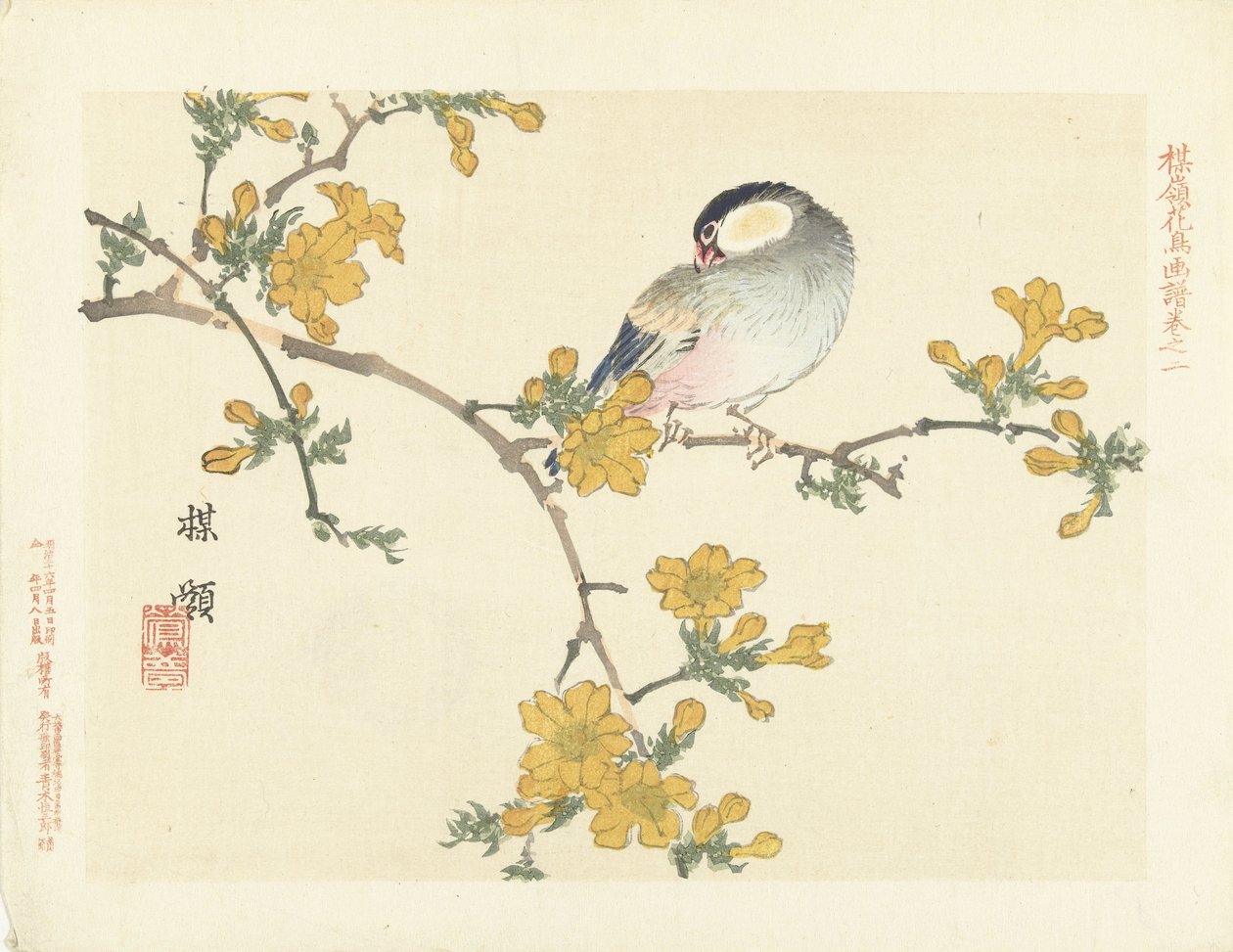 花枝上的鸣鸟
百合花鸟素描（系列标题）
Barei kacho gafu（物体上的系列标题） 作者 河野白令