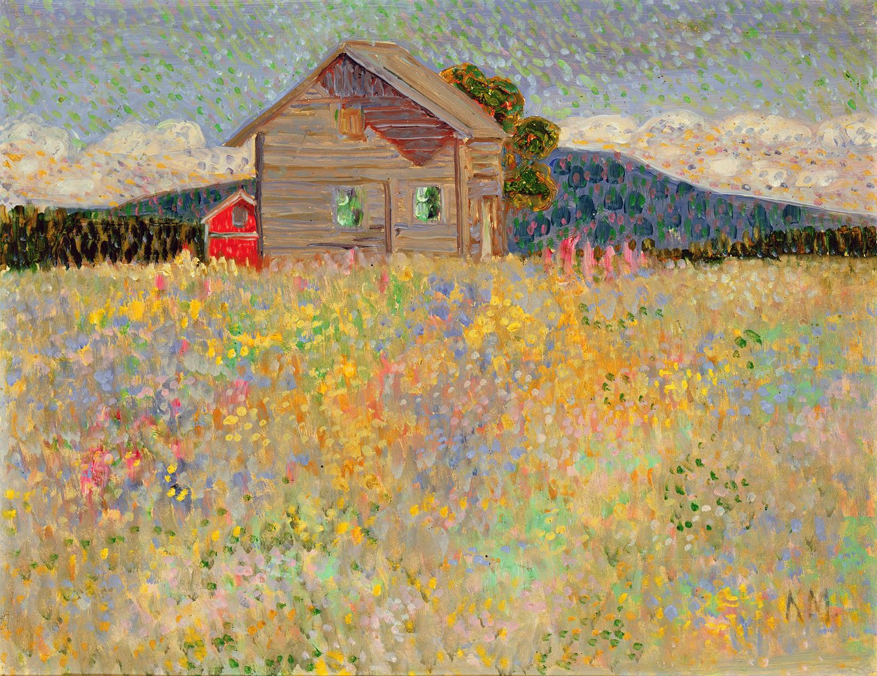 开花草甸的小木屋，c.1909（粘贴板上的油） 作者 康拉德贤士