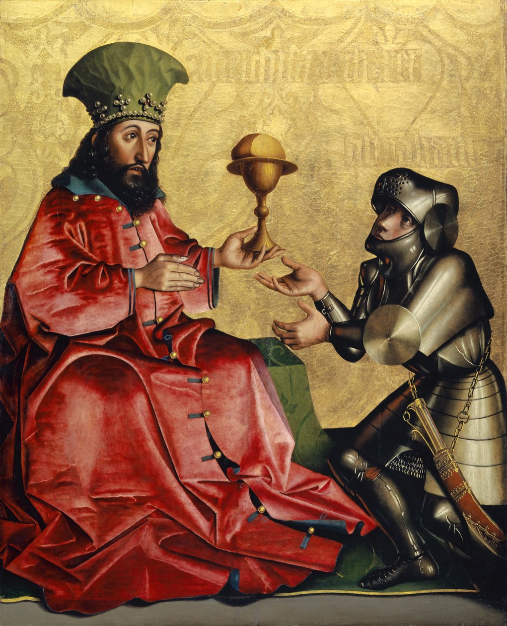 来自Heilspiegel Altarpiece的Melchizedek之前的亚伯拉罕，c.1435（橡木板上的混合媒体） 作者 康拉德·吉茨（Konrad Jitz）