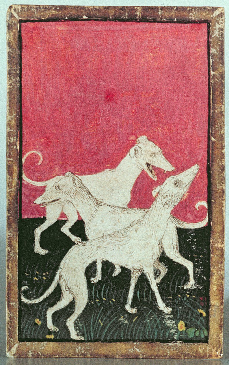 三只狩猎犬，一组描绘宫廷小贩场景的扑克牌之一，Upper Rhein Are，c.1440-45（钢笔和墨水，wc）（另见87698,88300和88302-04） 作者 康拉德·吉茨（Konrad Jitz）