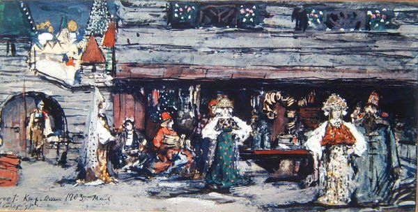 Minkus的金鱼舞台设计，1903年（纸板上的煤炭，蛋彩画和黄金） 作者 康斯坦丁·阿列克谢耶维奇·科罗文