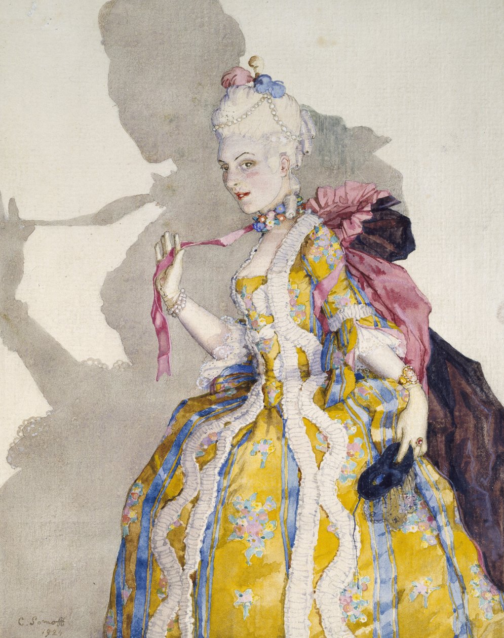 为芭蕾舞女演员Tamara Karsavina设计一件侯爵夫人服装，1924年（白色编织纸上用黑色墨水划定边框内的彩色水彩和触摸） 作者 康斯坦丁·安德烈维奇·索莫夫