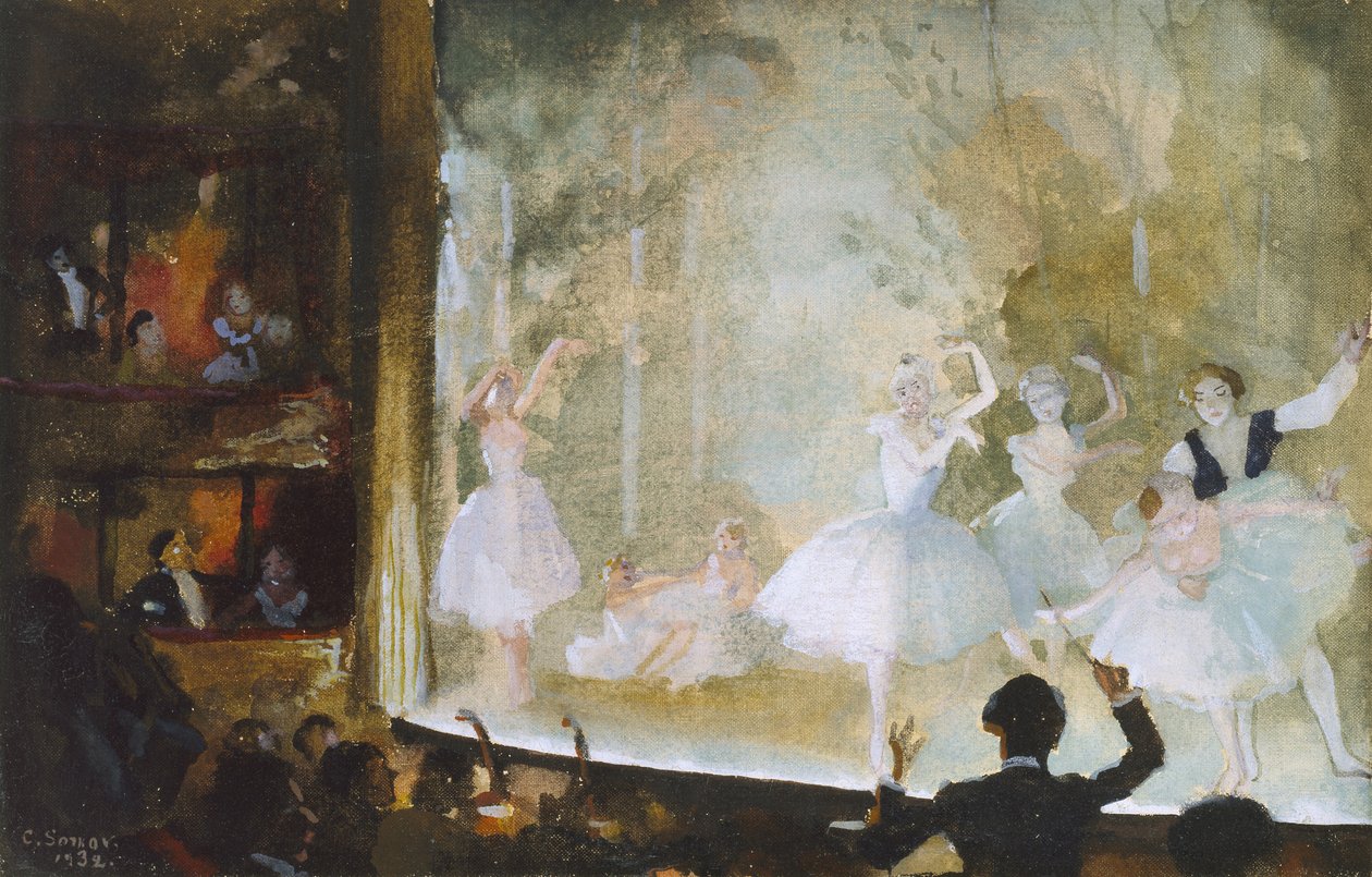 俄罗斯芭蕾舞团，香榭丽舍大街：Sylphs，1932年（Bodycolour on linen） 作者 康斯坦丁·安德烈维奇·索莫夫