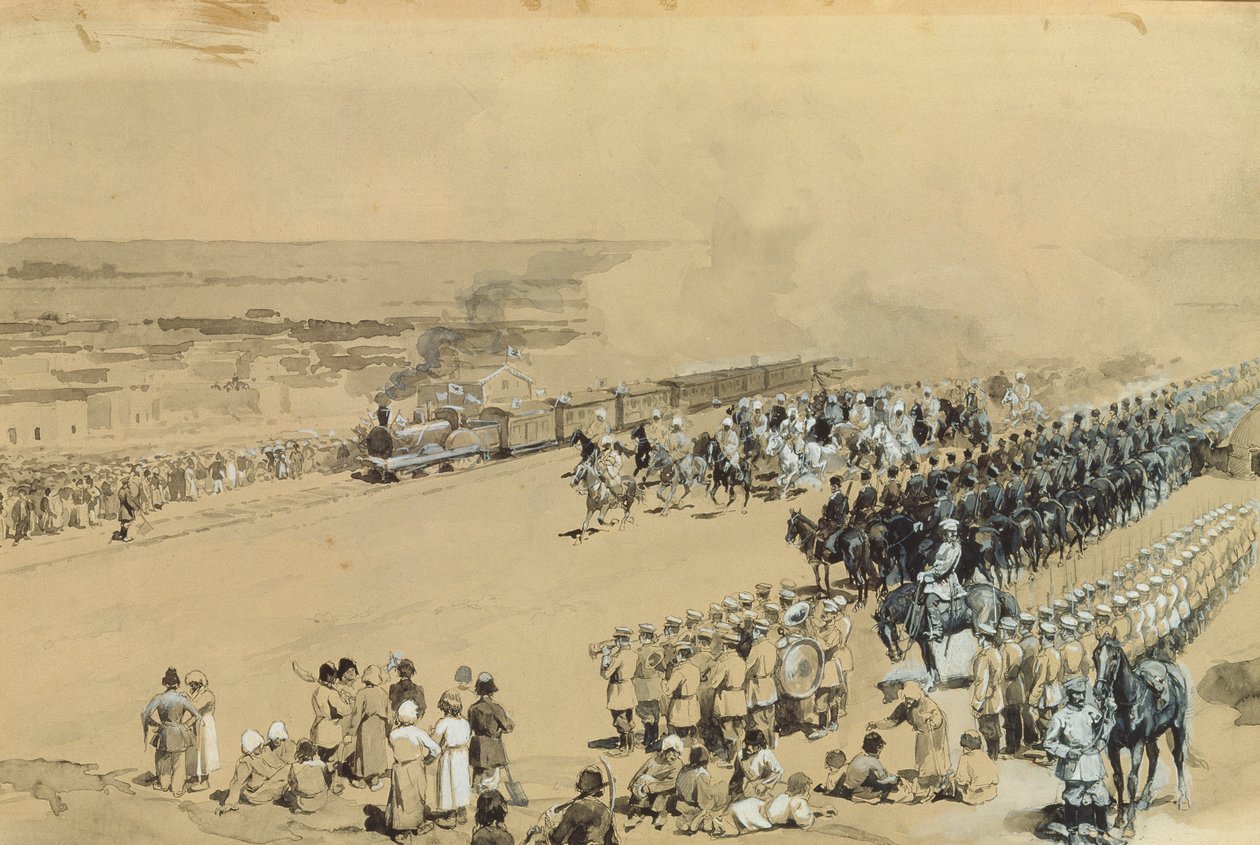 1883年的第一列火车（纸板上的水粉和水粉） 作者 康斯坦丁·阿波罗诺维奇·萨维茨基