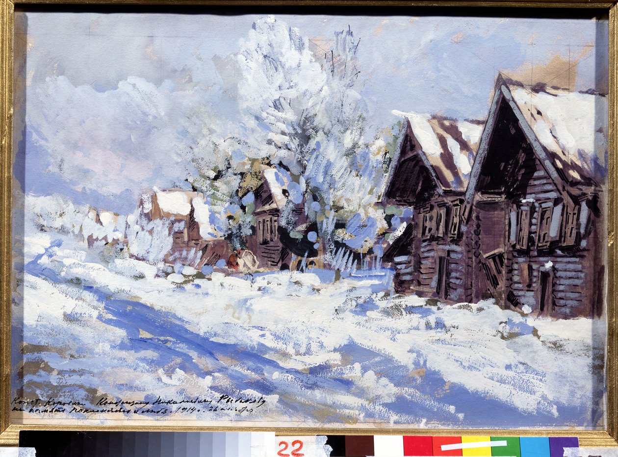 冬季。雪中木屋村街的景色。康斯坦丁-阿列克谢耶维奇-柯罗文（1861-1939 年）的作品，纸板上的水粉画 作者 康斯坦丁·阿列克谢耶维奇·科罗文