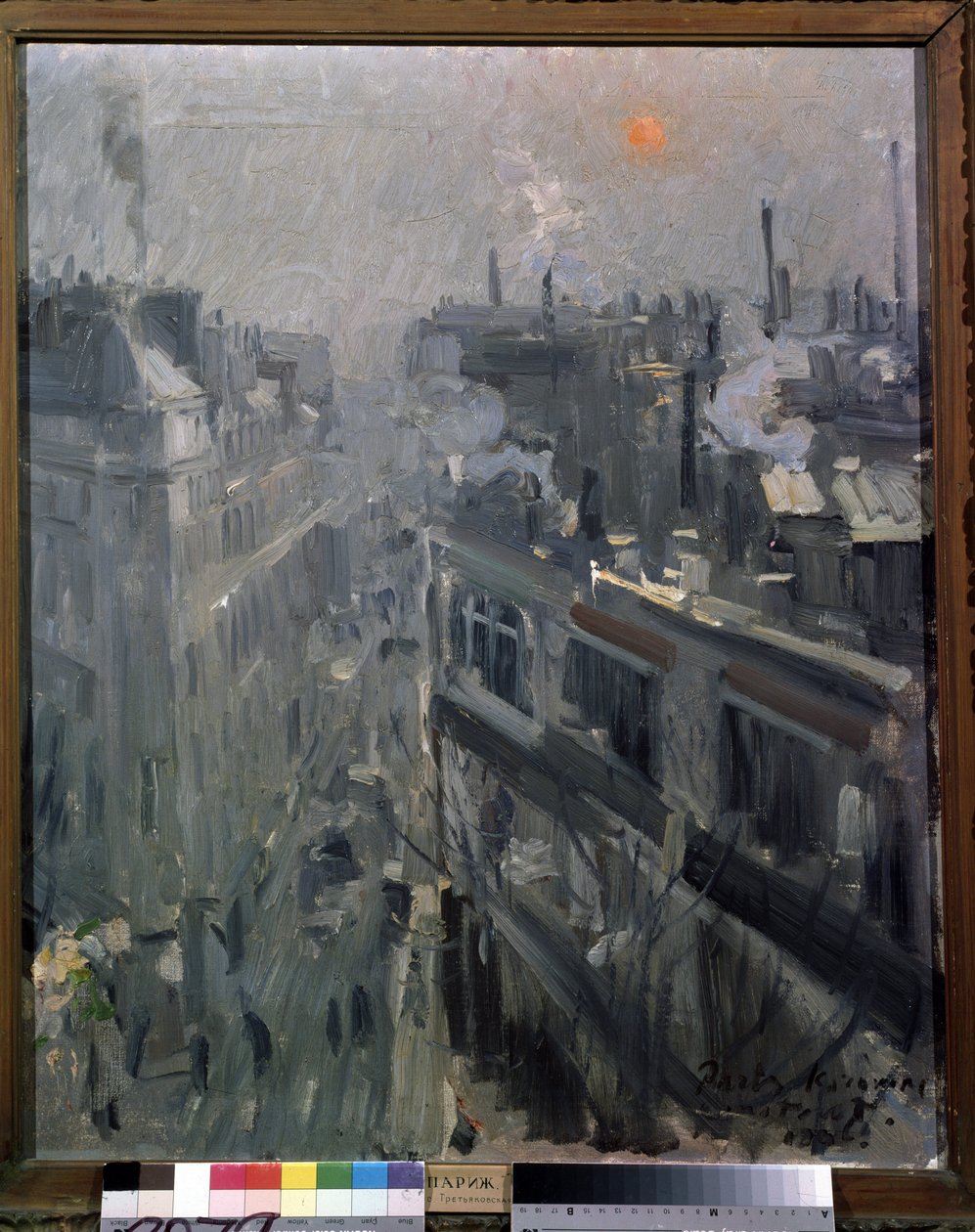 巴黎（法国）（Paris）。秋日清晨蒙马特大道的外墙景观。康斯坦丁-阿列克谢耶维奇-柯罗文（康斯坦丁-柯罗文）（1861-1939 年）的画作，布面油画 作者 康斯坦丁·阿列克谢耶维奇·科罗文