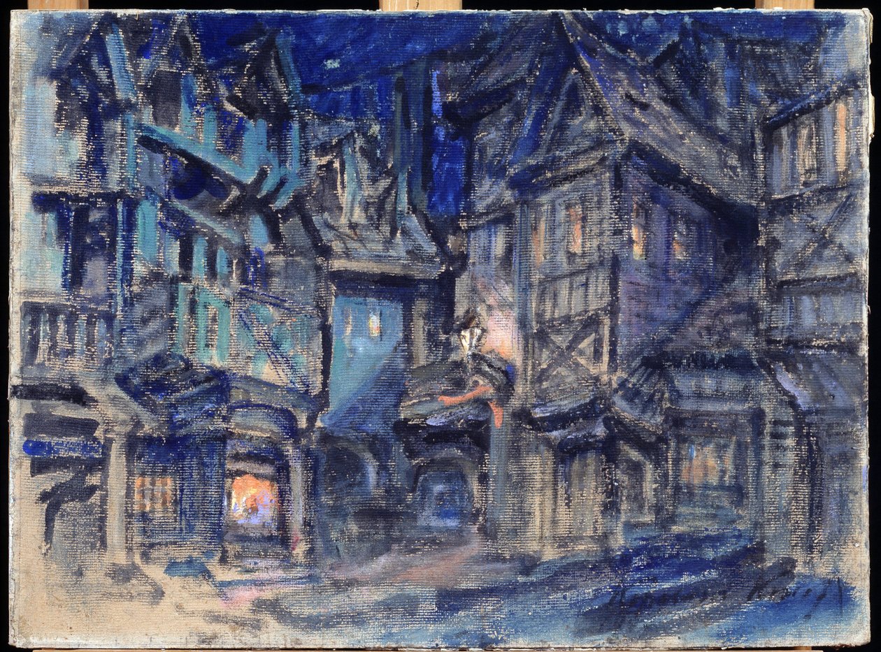 Projet de decor pour le ballet Esmeralda de Anton Simon (1851-1916)（安东-西蒙芭蕾舞剧《埃斯梅拉尔达》的舞台设计）。Oeuvre de Konstantin Alexeyevich Korovin (Constantin Korovine) (1861-1939)，纸盒上的钢笔画 作者 康斯坦丁·阿列克谢耶维奇·科罗文