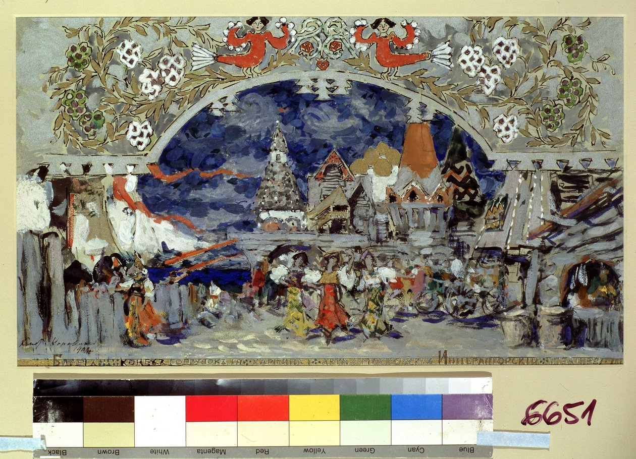 Projet de decor pour le ballet Le petit cheval bossu de Cesare Pugni（C. Pugni 创作的芭蕾舞剧《驼背小马》的舞台设计）。Oeuvre de Konstantin Alexeyevich Korovin (Constantin Korovine) (1861-1939)，纸盒上的水粉画，正方形和银色 作者 康斯坦丁·阿列克谢耶维奇·科罗文