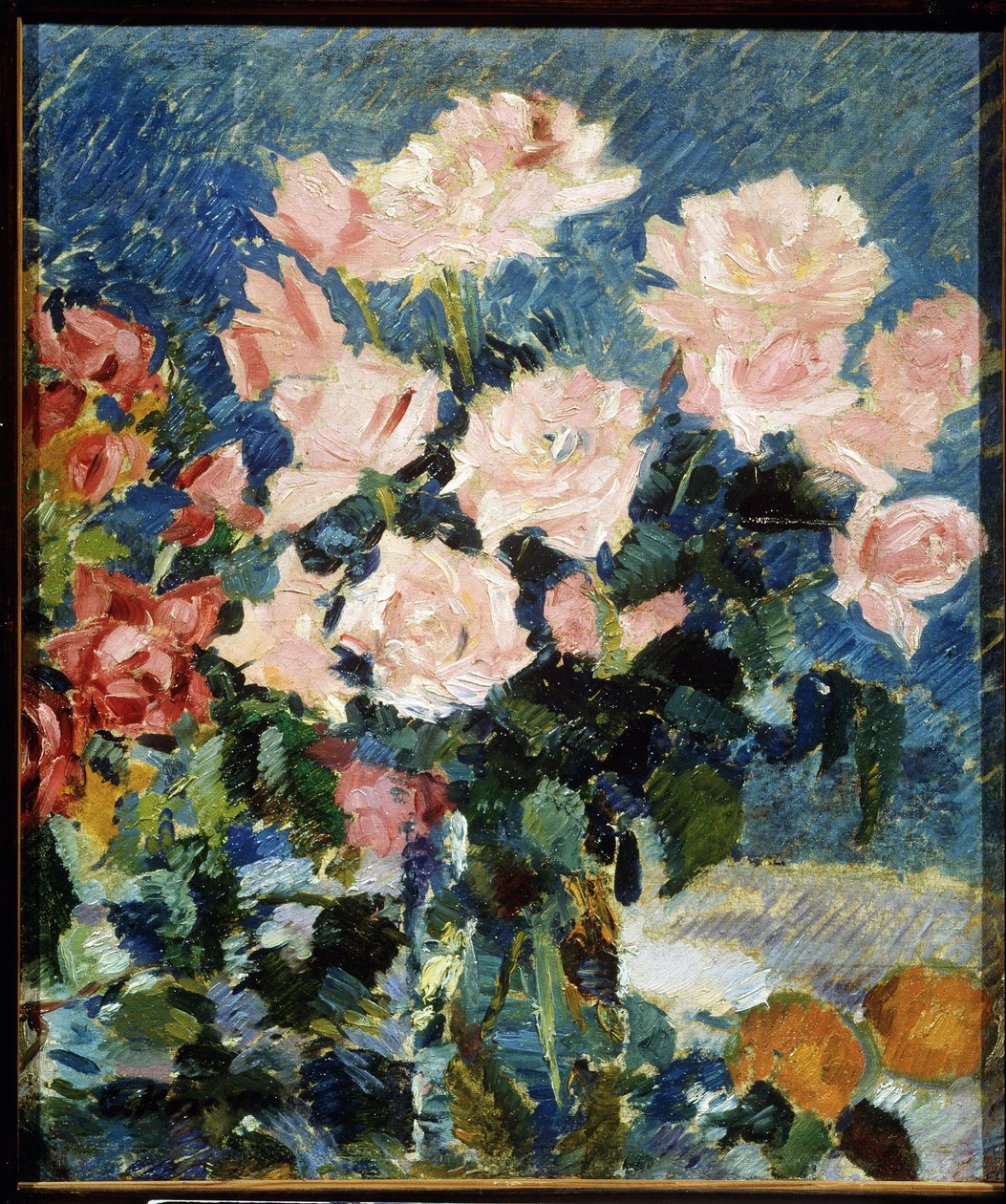 玫瑰（Roses）。康斯坦丁-阿列克谢耶维奇-柯罗文（康斯坦丁-柯罗文）（1861-1939 年）的画作，布面油画，约 1930 年。静物，20 世纪俄罗斯艺术，后印象派。雅罗斯拉夫尔（俄罗斯）国家艺术博物馆。 作者 康斯坦丁·阿列克谢耶维奇·科罗文