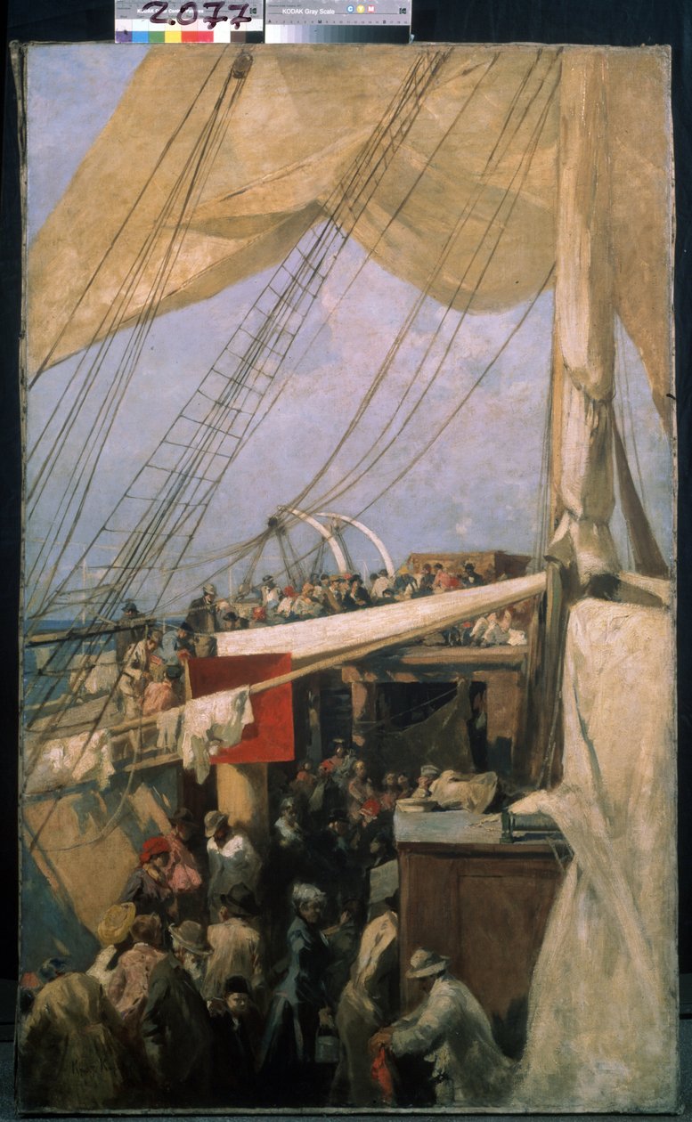 Sur le pont（甲板上）。描绘轮船甲板上的乘客人群。康斯坦丁-阿列克谢耶维奇-柯罗文（康斯坦丁-柯罗文）（1861-1939 年）的画作，布面油画，约 1880 年。俄罗斯艺术，19 世纪晚期。莫斯科国立特列季亚科夫美术馆。 作者 康斯坦丁·阿列克谢耶维奇·科罗文