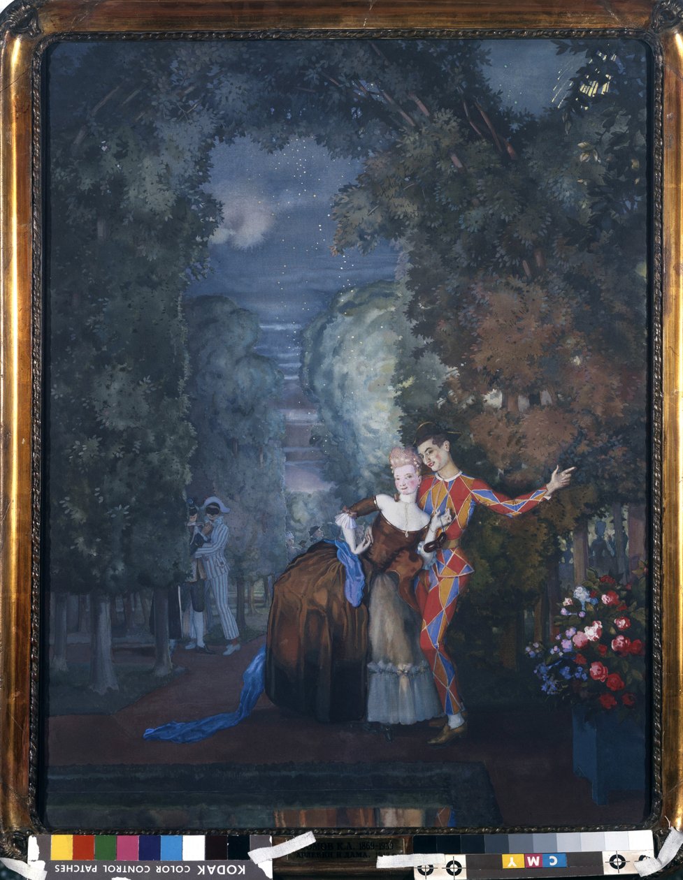 Harlequin和一位女士，1912年（纸板上的水粉和水粉） 作者 康斯坦丁·安德烈维奇·索莫夫