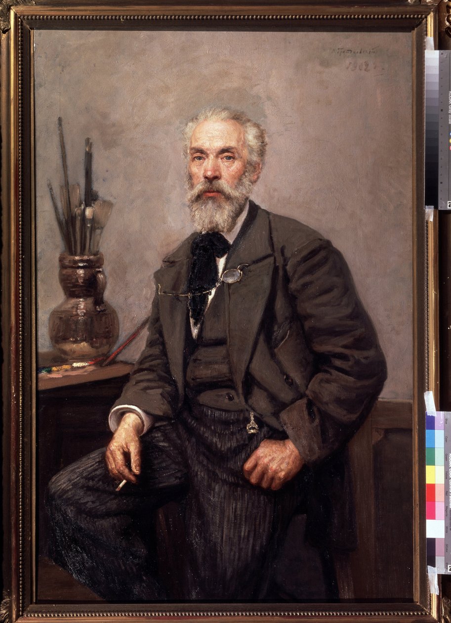 艺术家 K. Savitsky（1844-1905 年）的肖像。尼古拉-卡尔洛维奇-格兰德科夫斯基（1864-1907 年）的画作，布面油画 作者 康斯坦丁·阿波罗诺维奇·萨维茨基