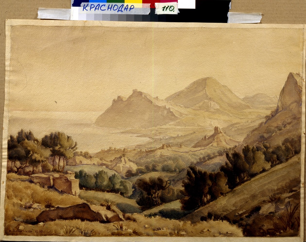“山景和城市废墟”（古镇）康斯坦丁·博加耶夫斯基（1872-1943）绘画，尺寸 46x64 厘米 F 科瓦连科艺术博物馆，克拉斯诺达尔 作者 康斯坦丁·博加耶夫斯基