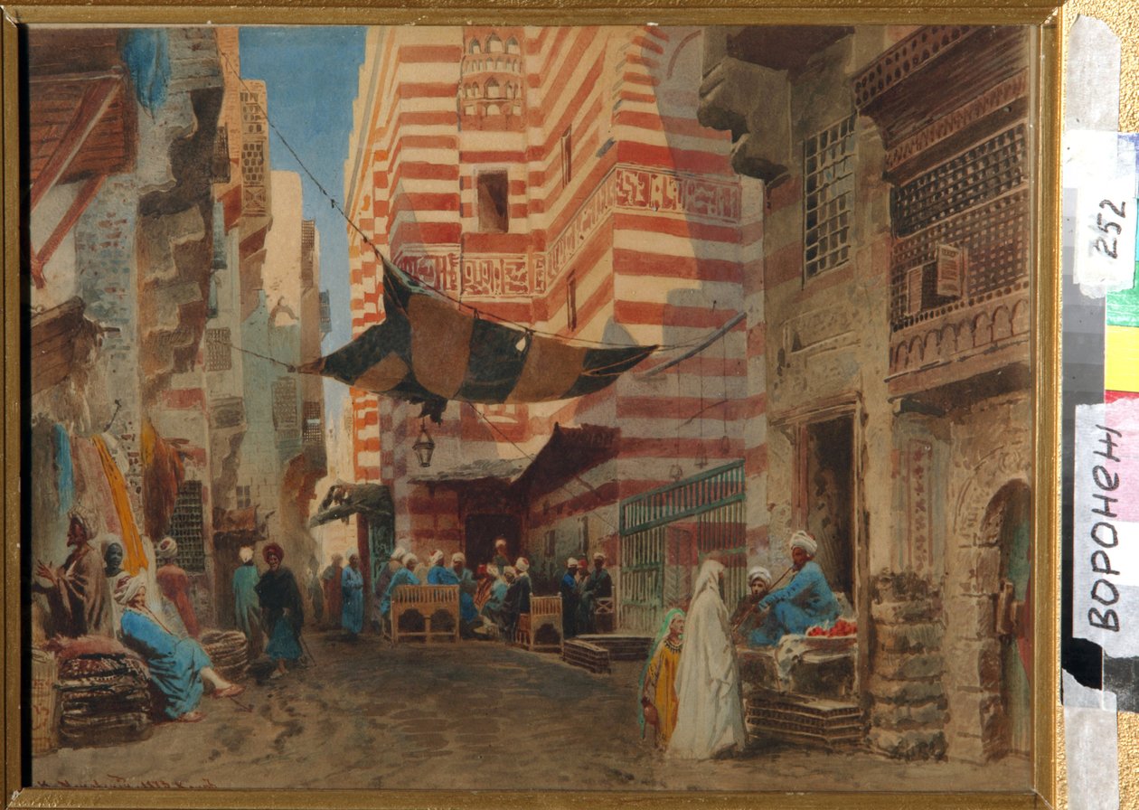 开罗街头（埃及）。康斯坦丁-叶戈罗维奇-马科夫斯基（Constantin Makovski）（1839-1915 年）的作品，纸上作品 作者 康斯坦丁·埃戈罗维奇·马科夫斯基