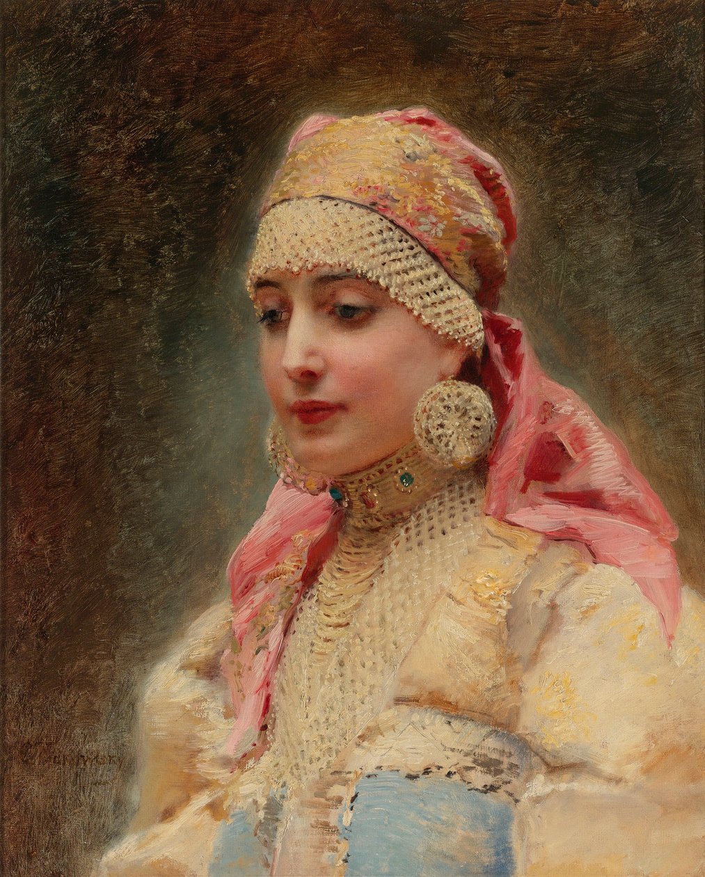 "" 博亚尔女性肖像 "" (boiard, boiar) - 康斯坦丁·叶戈罗维奇·马科夫斯基 (Constantin Makovsky) (1839-1915) 作画，布面油画，大约 1890 年 -（博亚尔的妻子，布面油画，康斯坦丁·叶戈罗维奇·马科夫斯基） 作者 康斯坦丁·埃戈罗维奇·马科夫斯基