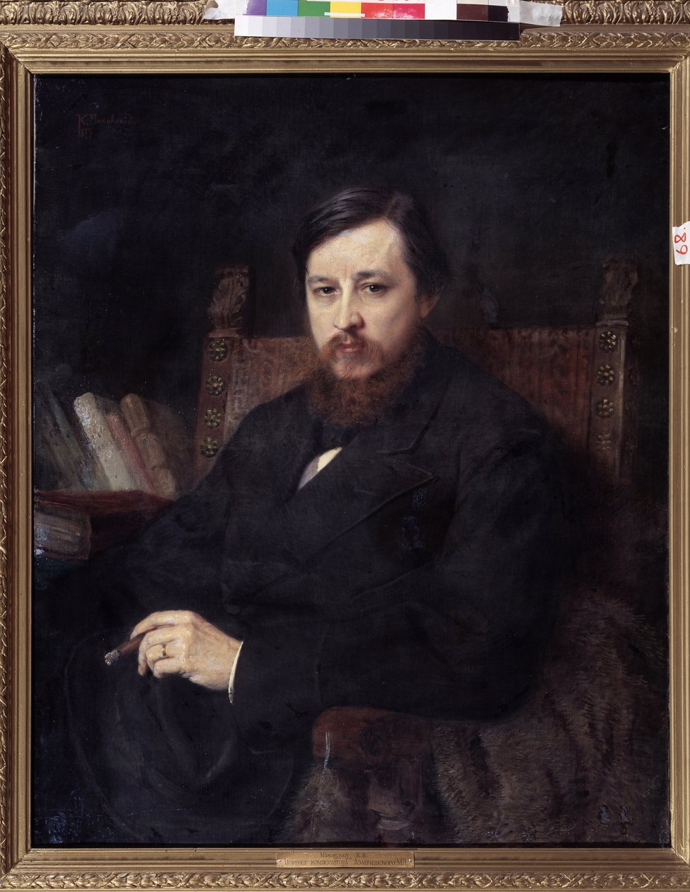作曲家米哈伊尔-P-阿赞切夫斯基（Azantchevski）（1839-1881 年）的肖像（作曲家 M.P.Azanchevsky 的肖像）。康斯坦丁-叶戈罗维奇-马科夫斯基（康斯坦丁-马科夫斯基）（1839-1915 年）的画作，布面油画 作者 康斯坦丁·埃戈罗维奇·马科夫斯基