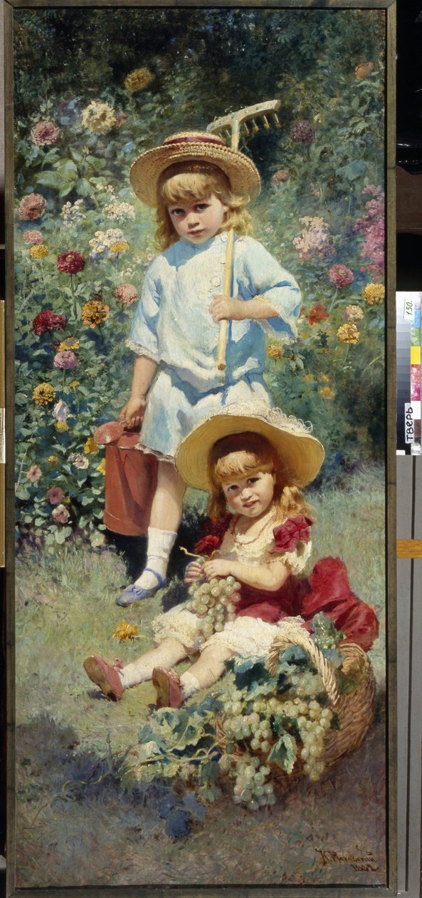 艺术家子女的肖像。画中描绘的是一个盛开的夏日花园，长子手持耙子和浇水壶，幼子坐在草地上，旁边是一个装满葡萄串的篮子。康斯特的画作 作者 康斯坦丁·埃戈罗维奇·马科夫斯基