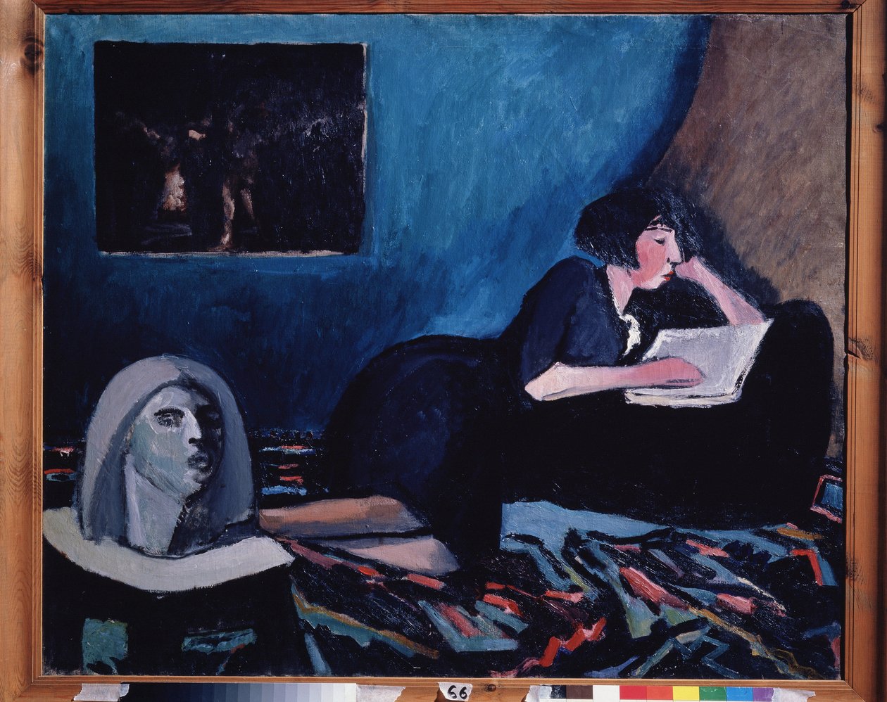 一个女人读书。 康斯坦丁·尼古拉耶维奇·伊斯托明（Konstantin Nikolayevich Istomin，1887-1942 年）的绘画，布面油画，1931 年俄罗斯现代艺术，20 世纪。 莫斯科国立特列季亚科夫画廊。 作者 康斯坦丁·伊斯托明