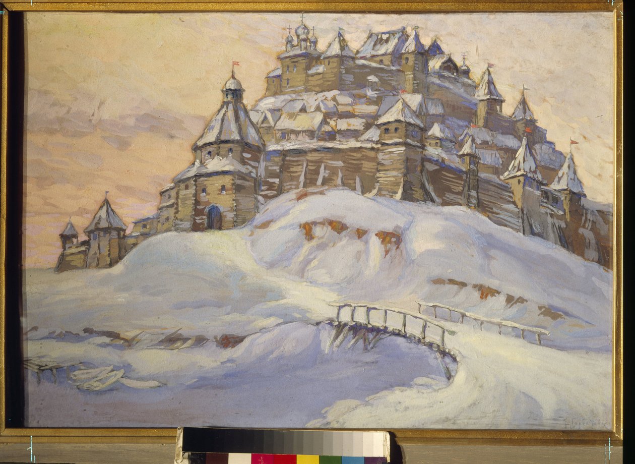 古俄罗斯的堡垒。 （中世纪乌克兰雪下的木制防御城）。 康斯坦丁 (Constantin) Ivanovich Gorbatov (1876-1945) 的作品，木制蛋彩画，20 世纪初。 私人收藏。 作者 康斯坦丁·伊万诺维奇·戈尔巴托夫