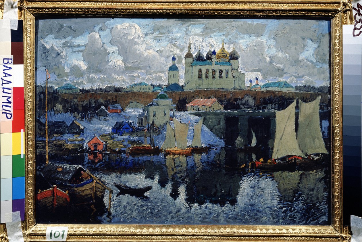 Le Pont a Novgorod (Russie) (Novgorod, Pier)。康斯坦丁（康斯坦丁）-伊万诺维奇-戈尔巴托夫（1876-1945 年）的绘画，纸上水彩。 作者 康斯坦丁·伊万诺维奇·戈尔巴托夫