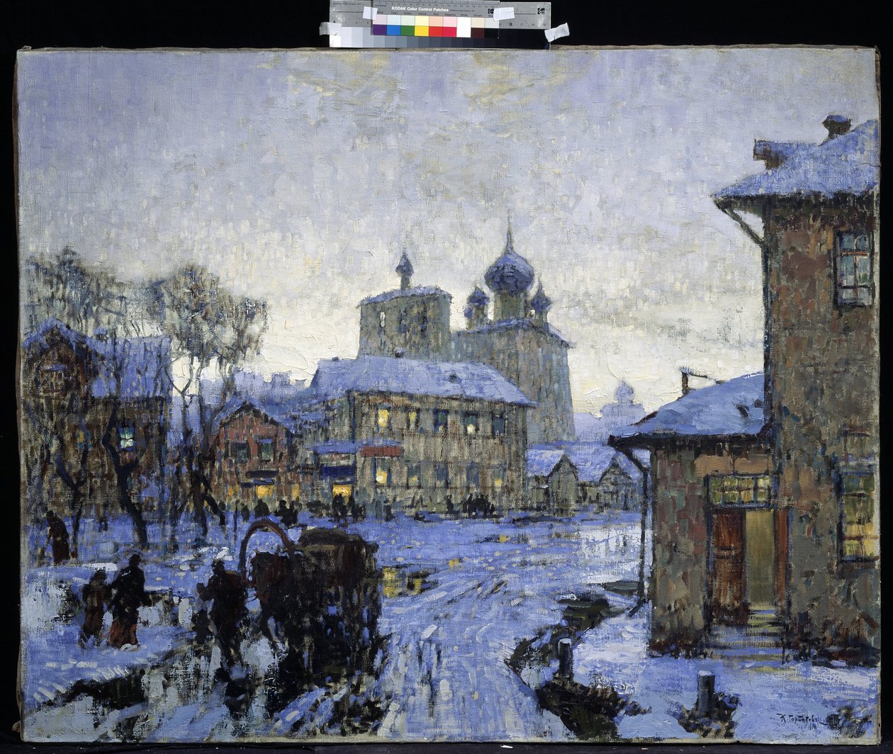冬末俄罗斯村庄的“解冻”景观。 康斯坦丁 (Constantin) Gorbatov (1876-1945) 绘画 1910 M. Kroshitsky 艺术博物馆，塞瓦斯托波尔 作者 康斯坦丁·伊万诺维奇·戈尔巴托夫
