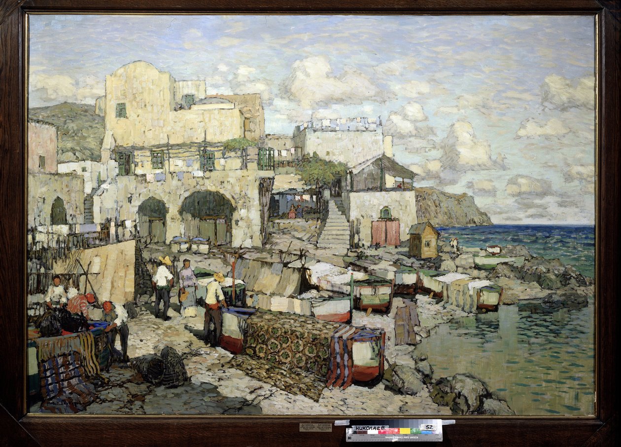 卡普里岛（意大利）的景色。 （卡普里岛的景色）。 康斯坦丁 (Constantin) Ivanovich Gorbatov (1876-1945) 的绘画，布面油画。 20世纪俄罗斯艺术，现实主义。 W.Wereshchagin 地区艺术博物馆，尼古拉耶夫（或乌克兰尼古拉耶夫） 作者 康斯坦丁·伊万诺维奇·戈尔巴托夫
