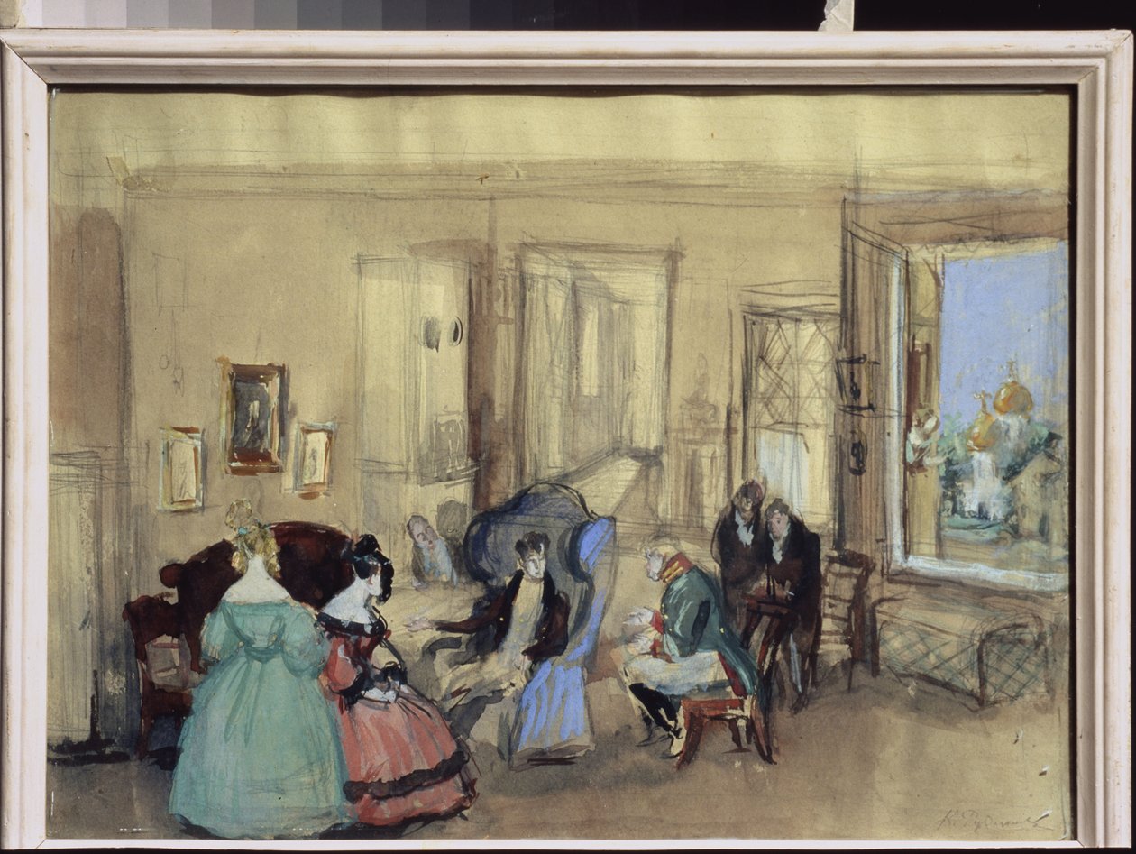 Une scene de la piece de theatre "Le Revizor" de Nicolas Gogol (1809-1852) (尼古拉-果戈理戏剧《审校》中的一个场景) - Oeuvre de Konstantin Ivanovich Rudakov (Constantin Roudakov) (1891-1949), aquarelle et gouache sur papier - Art scenograp 作者 康斯坦丁·伊万诺维奇·鲁达科夫