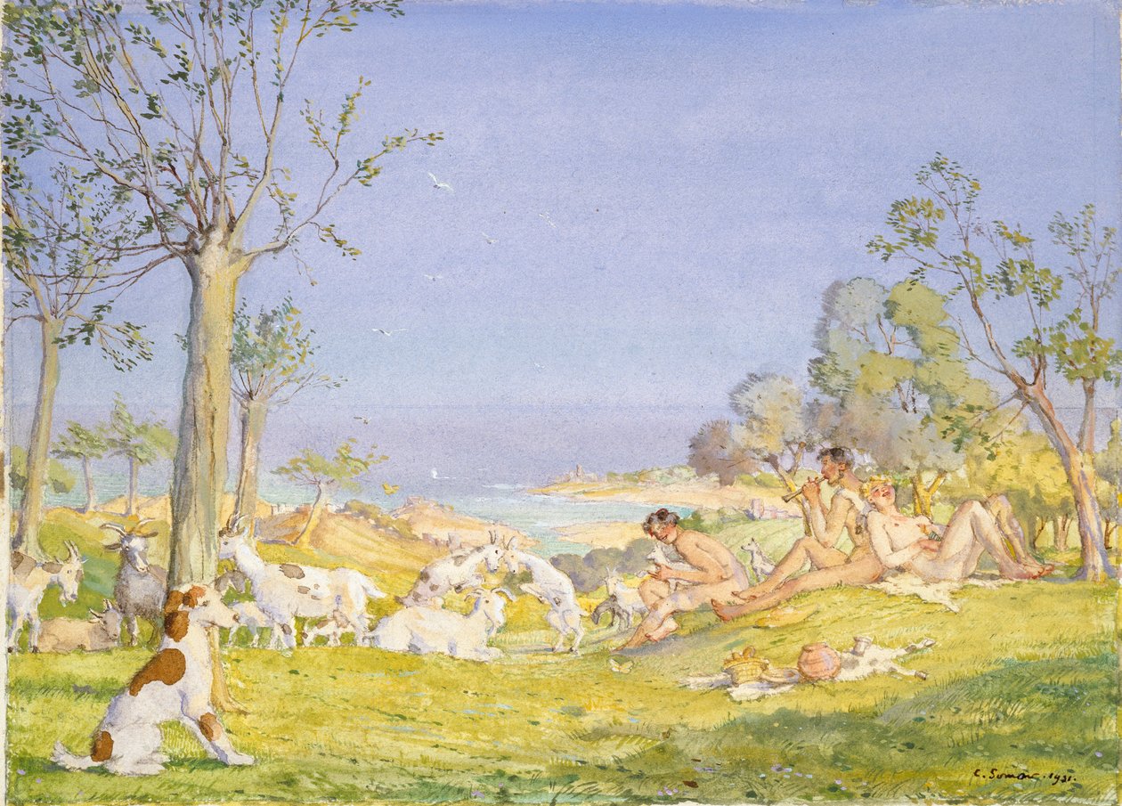 牧羊人和山羊的风景，1931年 作者 康斯坦丁·索莫夫