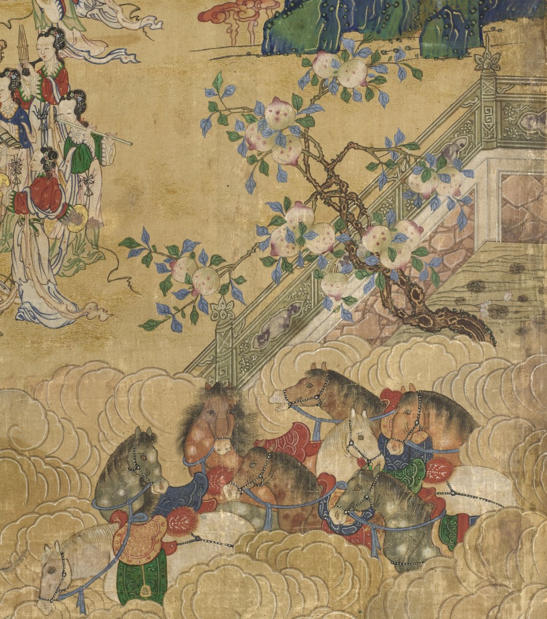 Seowangmo宴会的细节，c.1800（丝绸上的墨水，颜色和金色） 作者 韩国学校