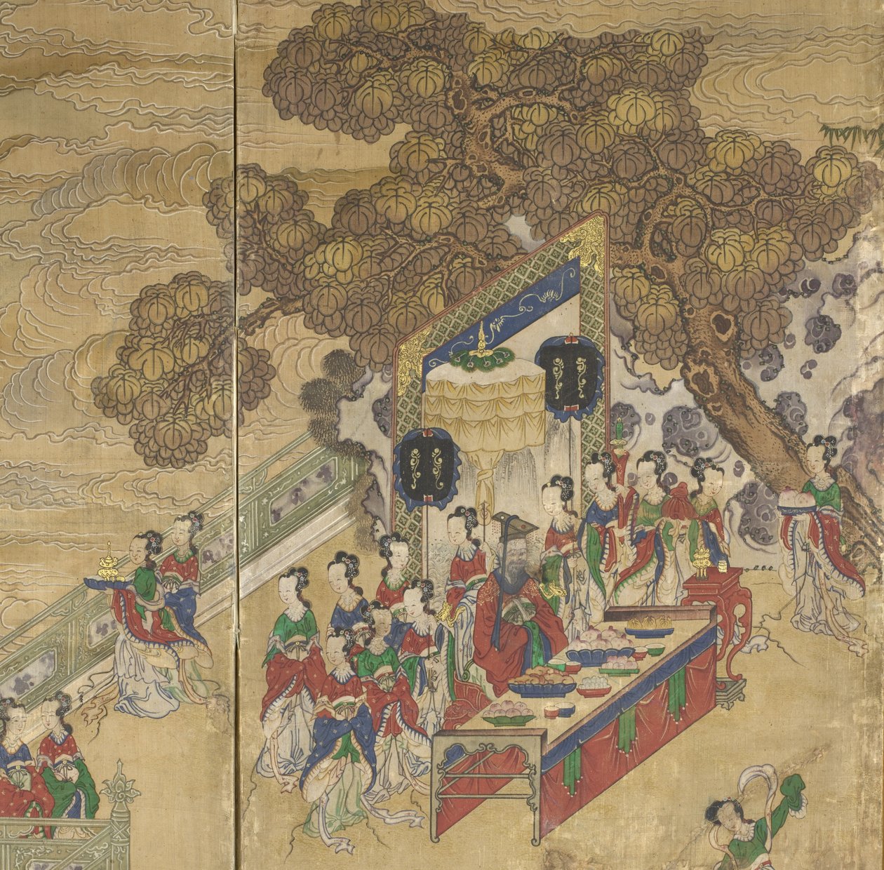 东王宫，细节来自Seowangmo宴会，c.1800（丝绸上的墨水，颜色和金色） 作者 韩国学校