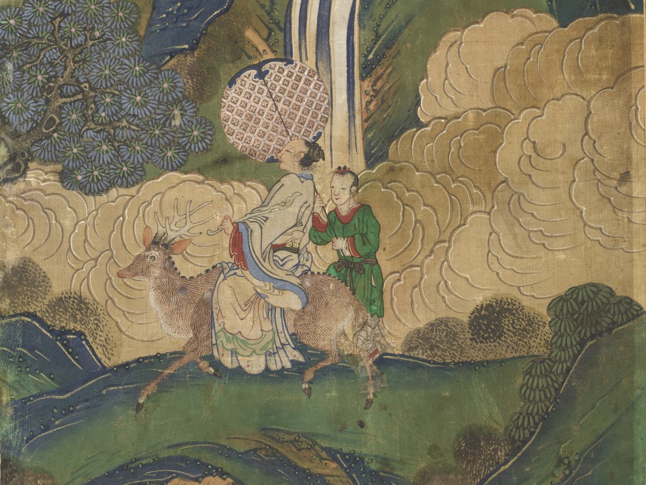 来自Seowangmo宴会的详细信息，c.1800（丝绸上的墨水，颜色和金色） 作者 韩国学校