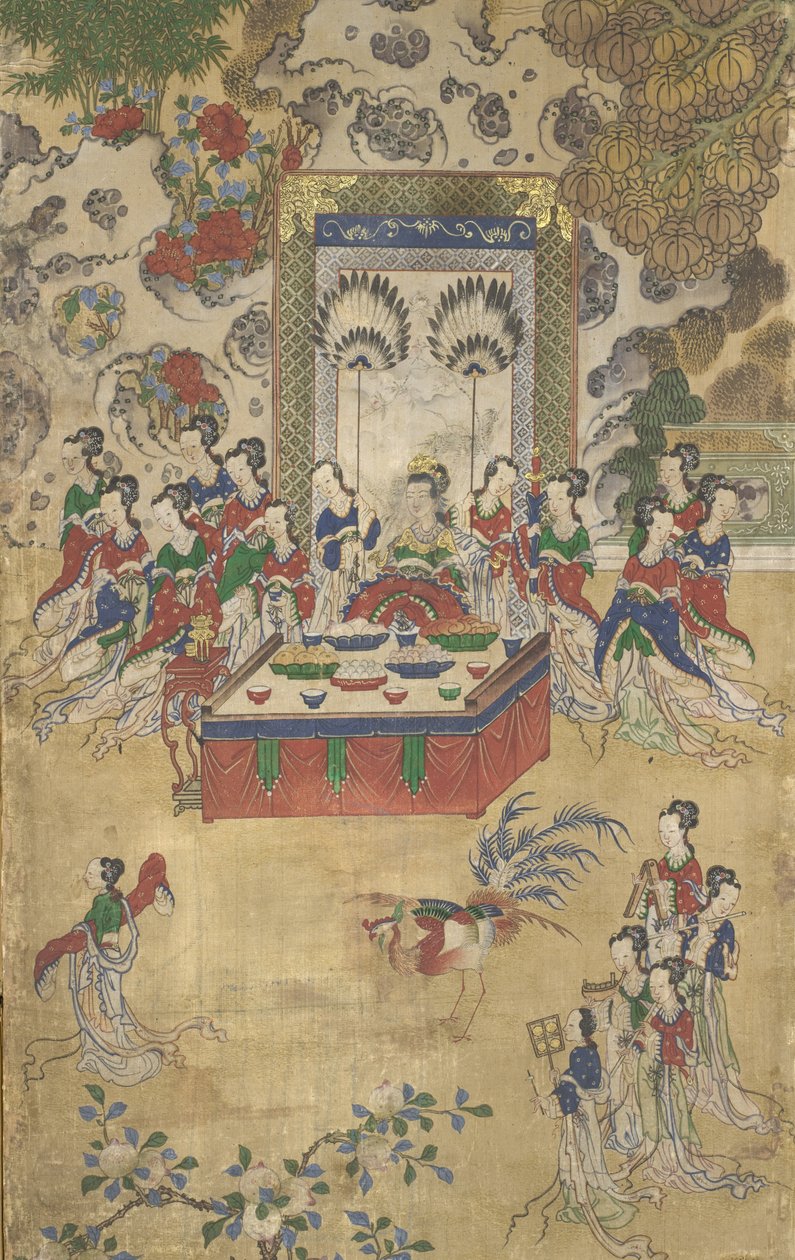 Seowangmo，来自Seowangmo宴会的细节，c.1800（丝绸上的墨水，颜色和金色） 作者 韩国学校