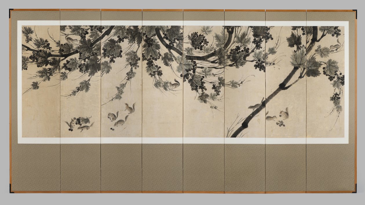 葡萄树和花栗鼠，约1800年（八扇屏：纸上水墨）。 作者 韩国学校