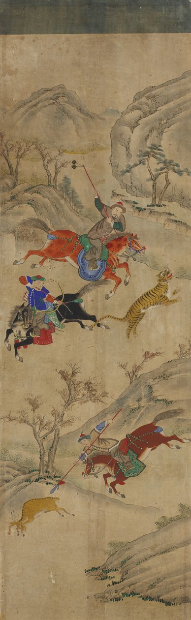 狩猎场景（3名狩猎鹿和老虎的车手）（wc在纸上） 作者 韩国学校