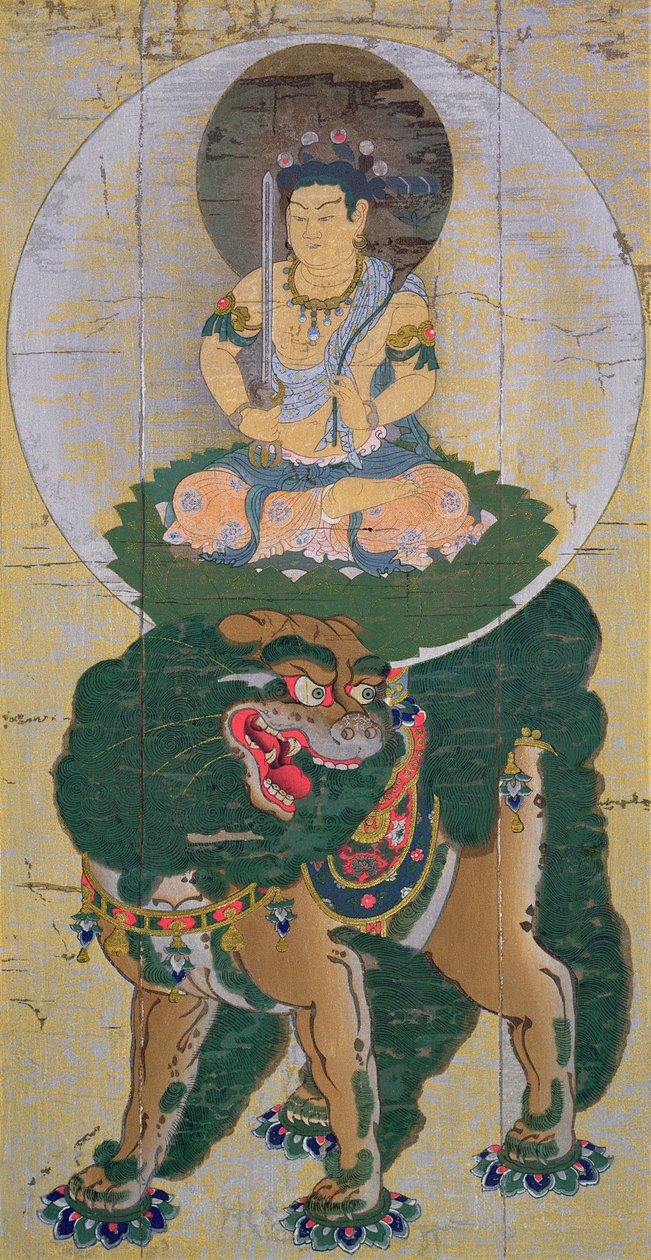 1904年5月，在Kokka杂志上发表了一部关于狮子呼吸蒸汽的菩萨文殊菩萨，以十四世纪的kakemono为例，来自山城的Kozan-Ji寺庙。 作者 高濑弘隆