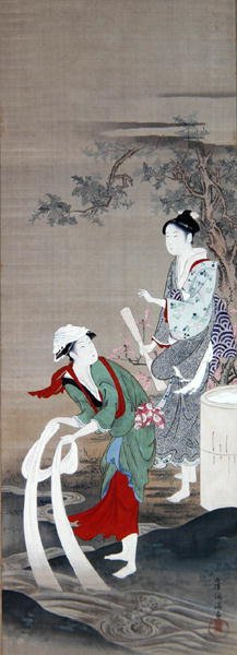 三岛水晶河畔的二美人（水墨、五彩、绢本设色） 作者 久保申曼