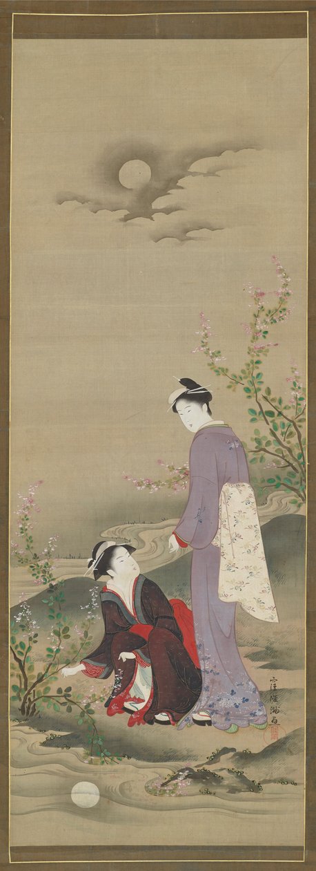 秋天：两个女人凝视着月亮的倒影，19世纪初。 作者 久保顺曼