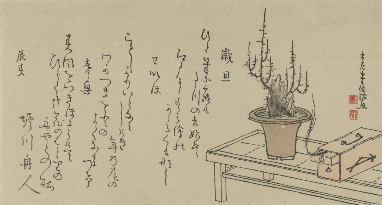长椅和盒子上的盆景梅花树，1796年。 作者 久保顺曼