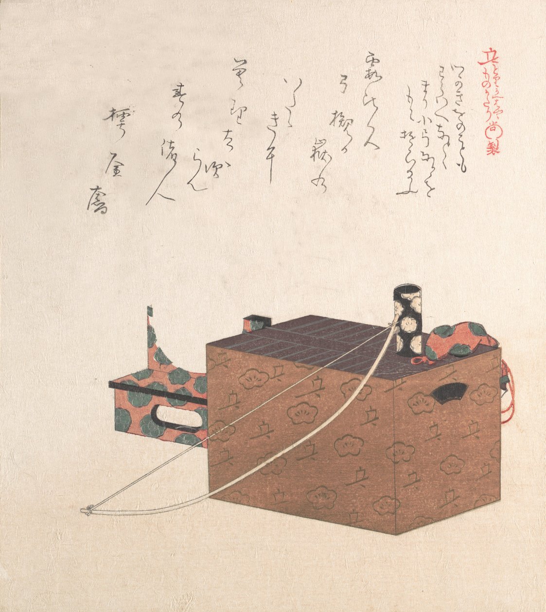 Sugoroku游戏的盒子，一种双陆棋，弓和鼓，19世纪。 作者 久保顺曼