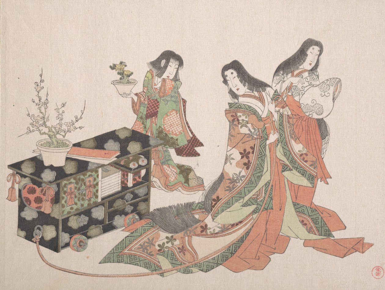 宫廷女郎在地板上拖着一个柜子，19世纪。 作者 久保顺曼