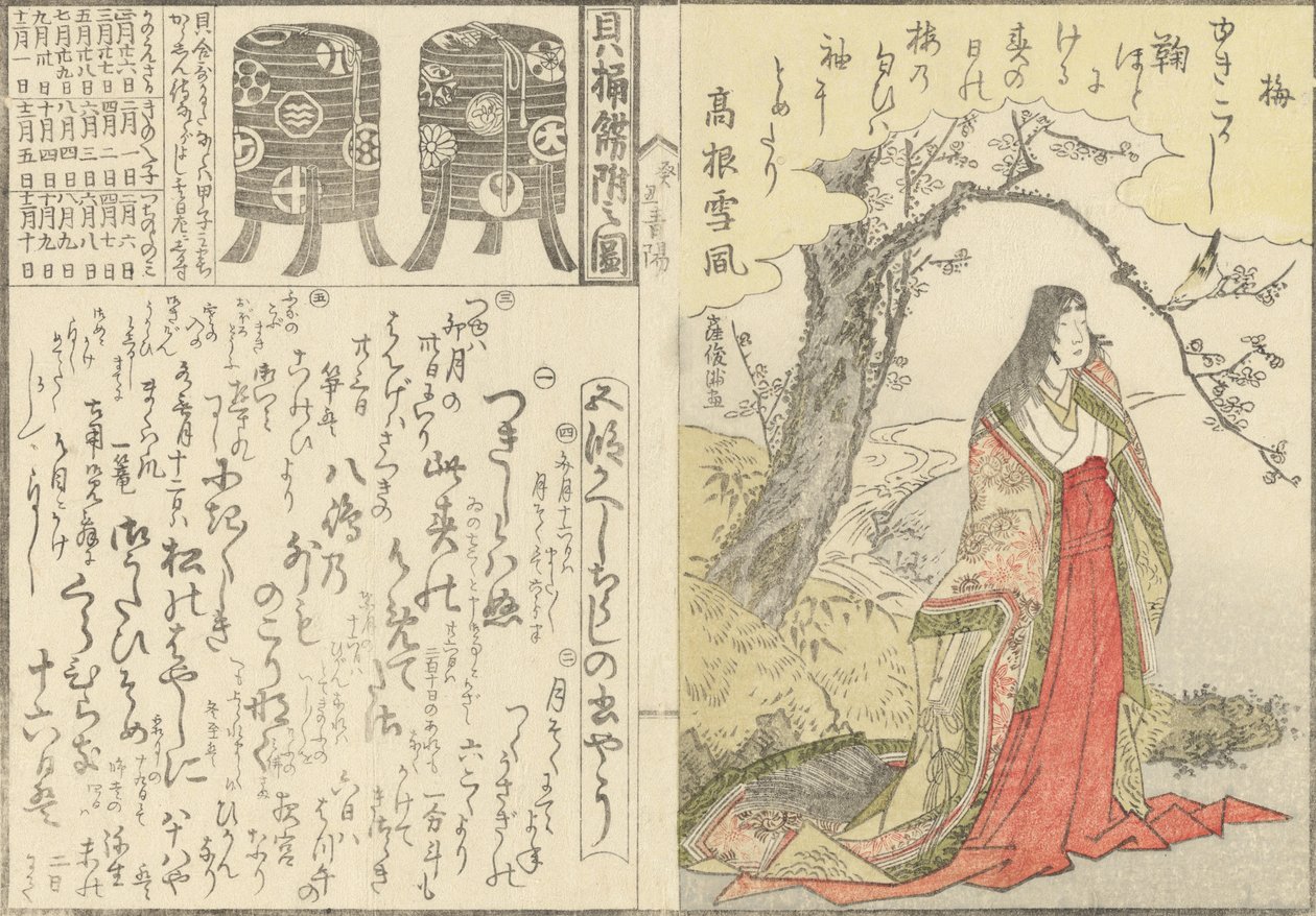 老梅树下的宫廷女郎，两个用于贝壳配对游戏的漆器柜，1793年。 作者 久保顺曼