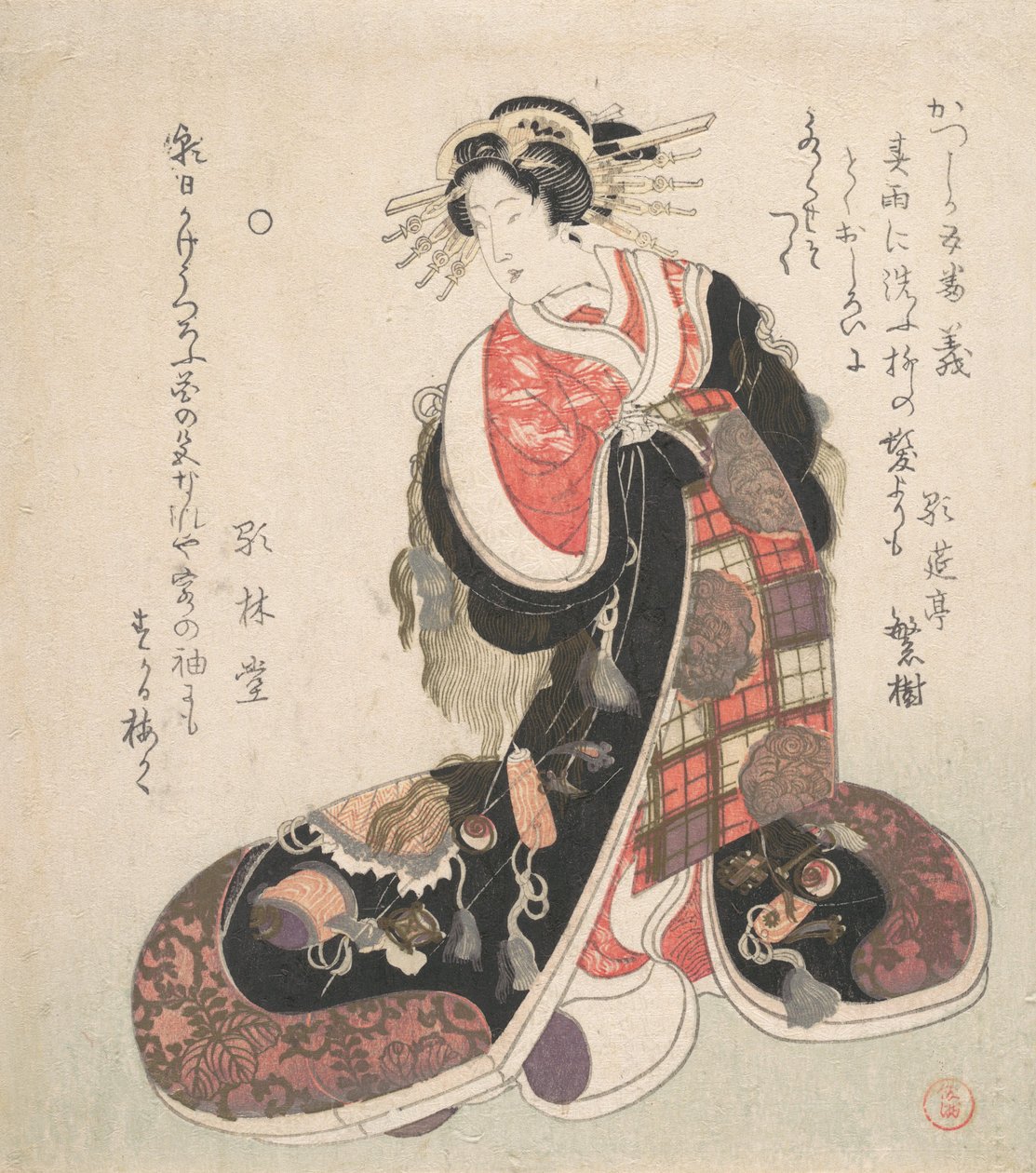 穿着绣有吉祥图案的精致长袍的宫女，约1800年。 作者 久保顺曼