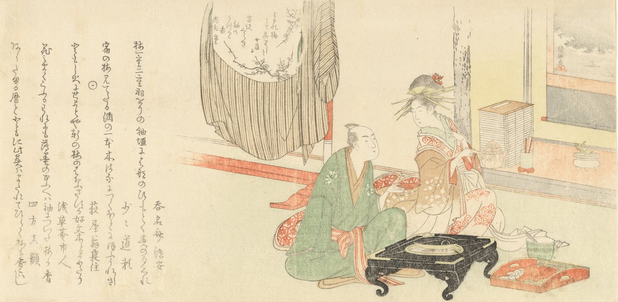 在托克诺玛壁炉前的歌妓和客户，1798年。 作者 久保顺曼