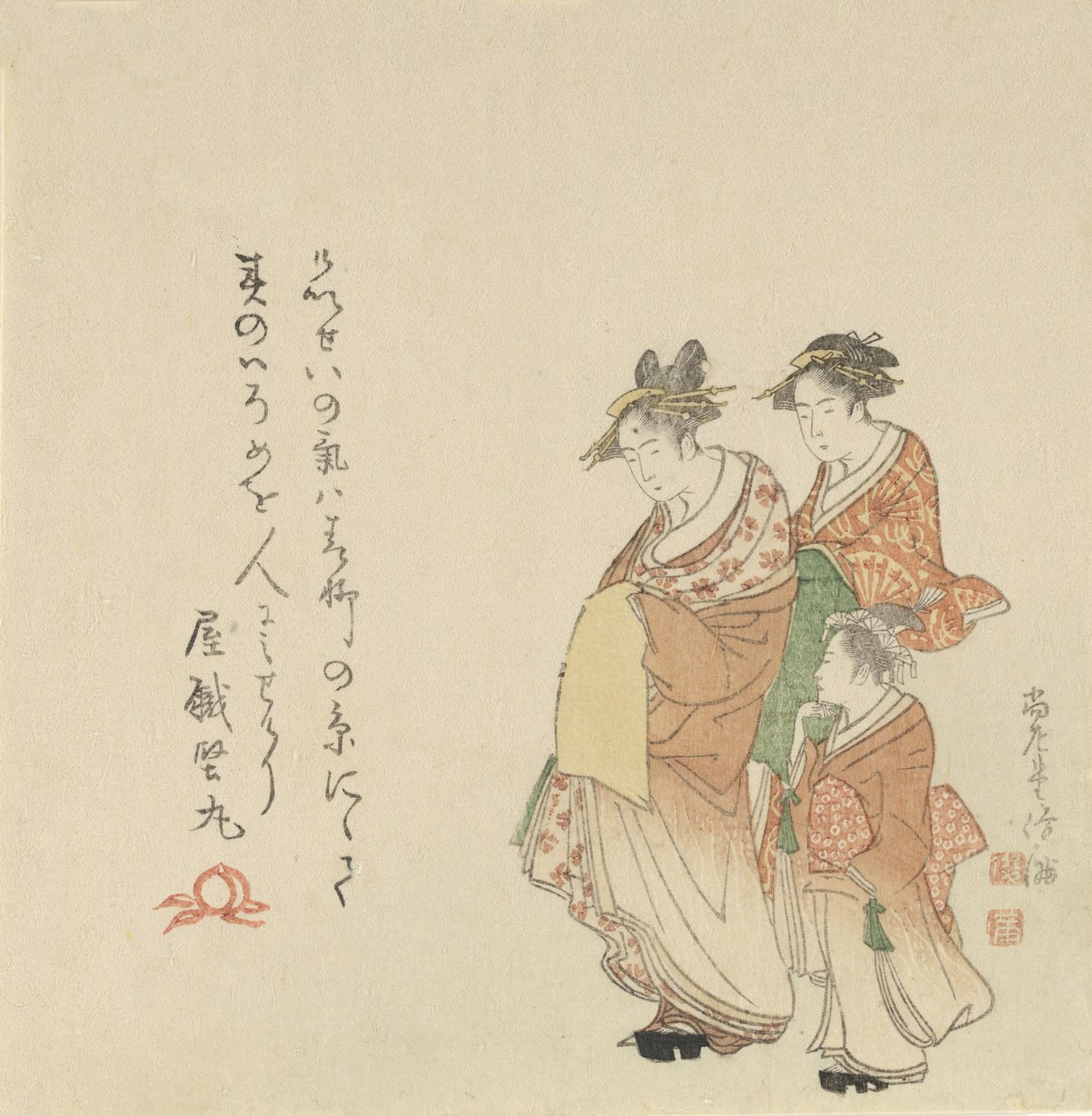 有两个随从的歌妓，1797年。 作者 久保顺曼