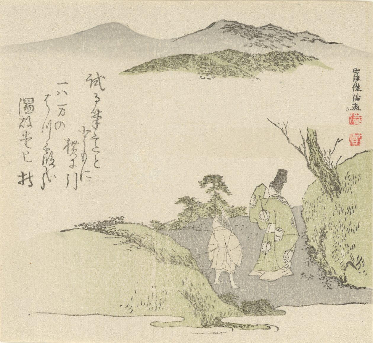 凝视风景的宫廷官员和年轻侍者，1796年。 作者 久保顺曼